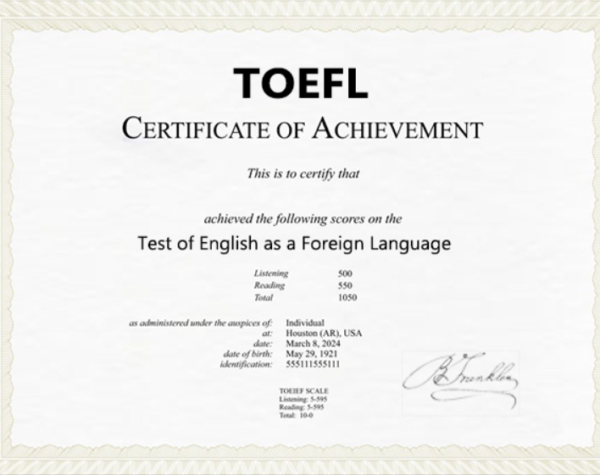 TOEFL certificate
